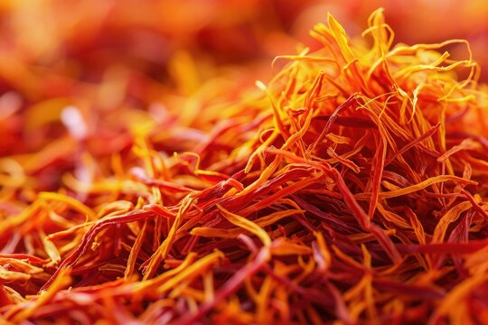 A close up view of a pile of dried saffron threads, showcasing their vibrant orange color and delicate texture, Zoomed in view of precious saffron threads, AI Generated - Powered by Adobe