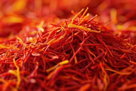 A detailed view of a concentrated mound of saffron threads, showcasing the vibrant red-orange color and unique shapes, Zoomed in view of precious saffron threads, AI Generated