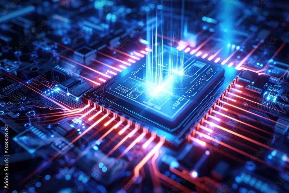 Poster an up-close view of a computer processor, showcasing the intricate circuitry and transistors that po