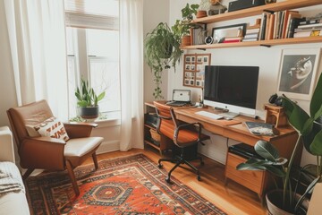 A practical, no-frills living room showcasing essential furniture like a couch, chair, desk, and computer, A compact and organized home office space in the corner of a living room, AI Generated