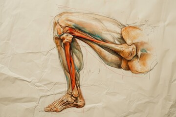 A meticulously rendered illustration showcasing the intricate musculature of a mans leg, A complex drawing showing the anatomy of a twisted knee, AI Generated