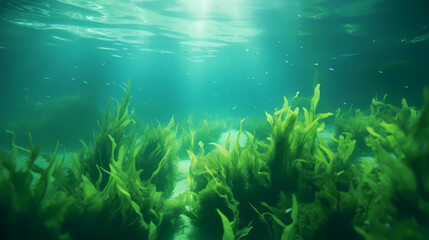 Seaweed and natural sunlight underwater seascape in the ocean - obrazy, fototapety, plakaty