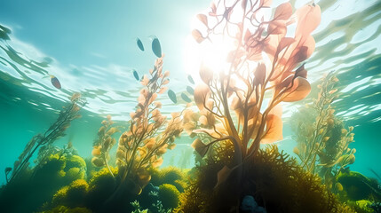 Seaweed and natural sunlight underwater seascape in the ocean - obrazy, fototapety, plakaty
