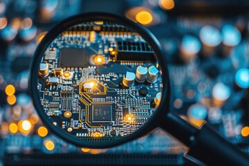 A close-up photo of a magnifying glass with a circuit board printed on it, showcasing its use as an inspection tool, A complex motherboard circuit viewed under a magnifier, AI Generated