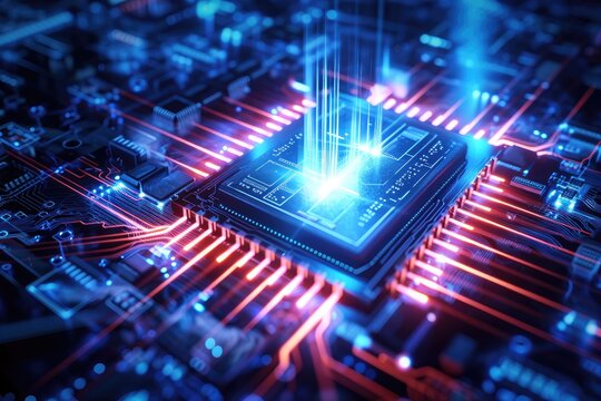 An up-close view of a computer processor, showcasing the intricate circuitry and transistors that power digital devices, A computer chip with light rays emitting from it, AI Generated