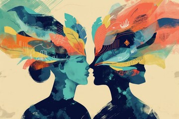 Two People With Colorful Feathers on Their Heads in Vibrant Display, A conceptual illustration showing exchange of ideas and thoughts for a philosopher's podcast, AI Generated