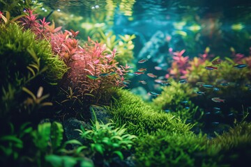 Fototapeta na wymiar Freshwater Planted Aquarium, Aquascaping, Underwater Landscape Nature Forest Style, Aquarium Tank