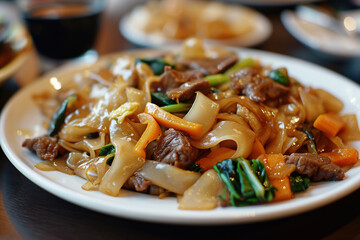 A plate of chow fun, a dish of stir-fried wide rice noodles, beef, and vegetables - obrazy, fototapety, plakaty