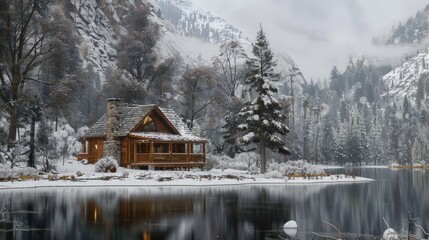 Fototapeta premium An idyllic winter setting unfolds in the photo, showcasing a picturesque lake surrounded by snow-capped mountains, with a small cabin radiating warmth and comfort.