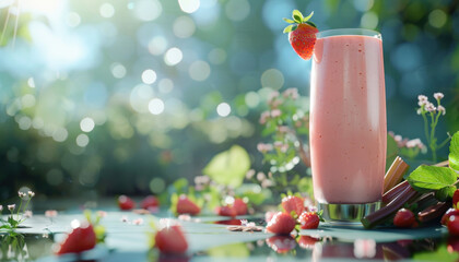 Strawberry rhubarb smoothie, strawberry smoothie, berry smoothie, healthy smoothie,  - obrazy, fototapety, plakaty