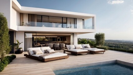 Fototapeta premium Modern villa with a rooftop terrace, providing panoramic views and an ideal space for outdoor entertainment
