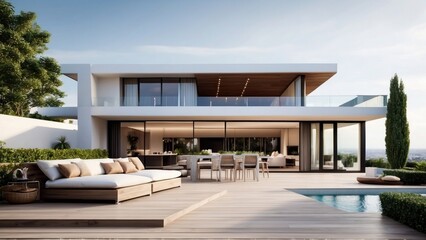 Fototapeta premium Modern villa with a rooftop terrace, providing panoramic views and an ideal space for outdoor entertainment