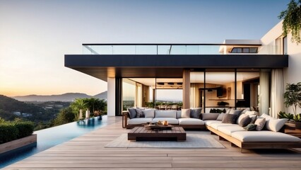 Fototapeta premium Modern villa with a rooftop terrace, providing panoramic views and an ideal space for outdoor entertainment