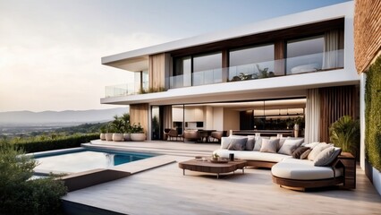 Fototapeta premium Modern villa with a rooftop terrace, providing panoramic views and an ideal space for outdoor entertainment