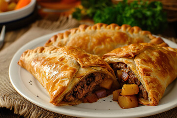 A plate of Cornish pasty, a baked pastry filled with beef, potatoes, onions, and swede - obrazy, fototapety, plakaty