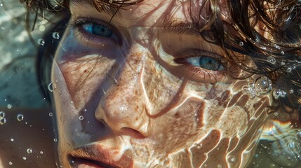 A close-up portrait of a young beautiful woman under water