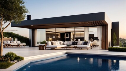 Fototapeta premium Modern villa with a rooftop terrace, providing panoramic views and an ideal space for outdoor entertainment