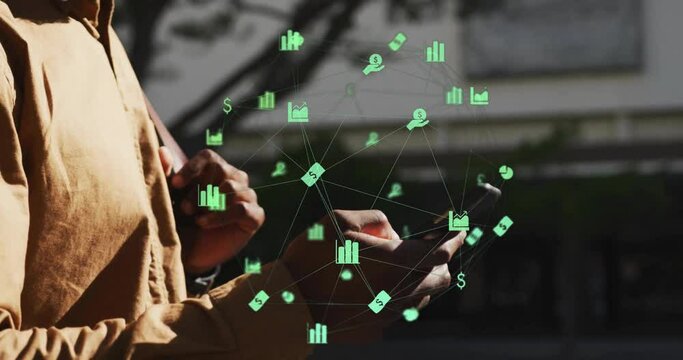 Animation of network of connections with icons over biracial man using smartphone