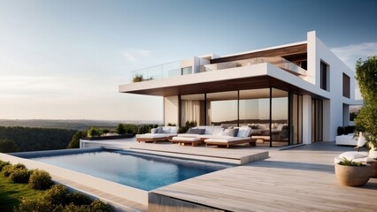 Fototapeta premium Modern villa with a rooftop terrace, providing panoramic views and an ideal space for outdoor entertainment