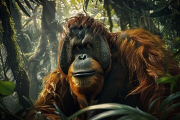 huge orangutan in the jungle - obrazy, fototapety, plakaty