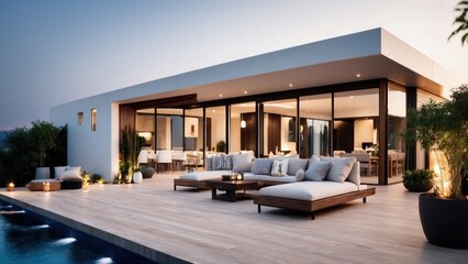 Modern villa with a rooftop terrace, providing panoramic views and an ideal space for outdoor entertainment - obrazy, fototapety, plakaty