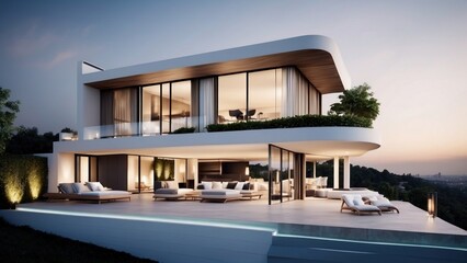 Fototapeta premium Modern villa with a rooftop terrace, providing panoramic views and an ideal space for outdoor entertainment