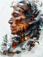 Side profile of a male native American Indian wearing traditional clothing with double exposure revealing forests, sunsets and native animals. - 748330935