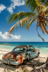old car parked on a tropical beach