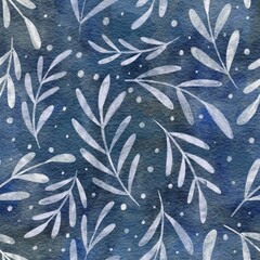 Watercolor seamless pattern with white leaves on blue background