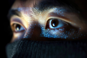 Close-up view of human eyes with digital code reflection in it. Cyber security, futuristic...