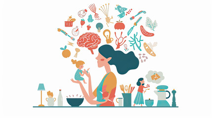 messed up mother brain, a depressed stressed mother with Multitasking chaos with cooking, kids learning, home cleaning and efficient time management in mind, 