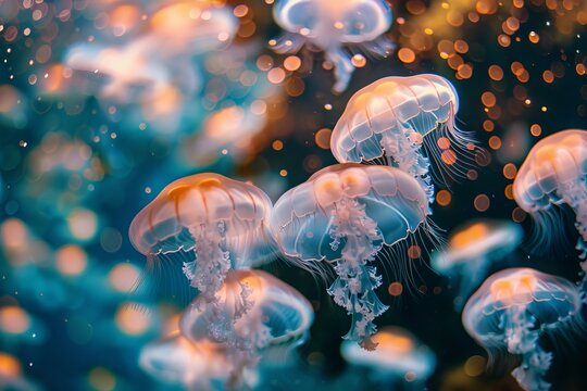 Stunning underwater image depicting luminescent jellyfish peacefully floating in the deep blue ocean