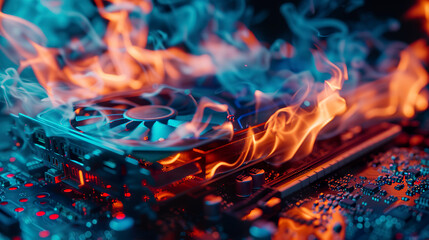 Illustration of a graphics card catching fire and emitting flames and smoke in an alarming scene of malfunction. Concept of serious hardware problem and system damage.