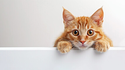 Cute curious ginger kitten looking out the white wall, copy space, generative ai