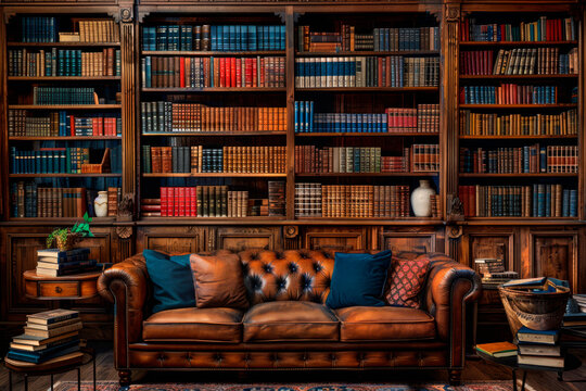 Books On Shelves In Library Or Study With Classic Dark Wood.