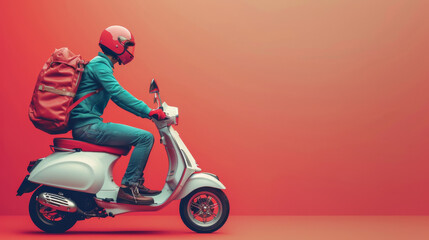 Fashionable man on a vintage-style scooter against a bold red background