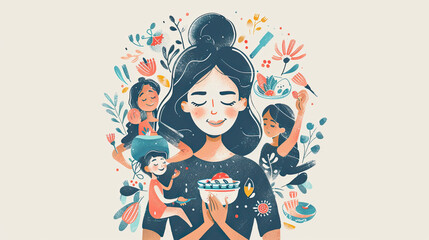 a mother surrounded by chaos. Multitasking. mothers day,  A woman trying to juggle and balance family life,kids,career and house work. 