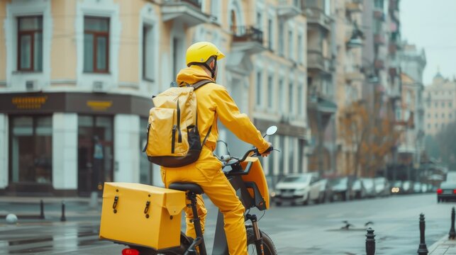A delivery rider in a bright yellow rain suit riding an e-bike on a wet urban street, delivering goods on a gloomy day