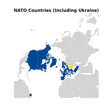 Vector illustration showcasing NATO member countries from a North Pole perspective, highlighting Ukraine in distinct colors against a sleek, minimalist background.