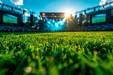 Summer outdoor concert festival venue. Stage with concert lights blurred in the background. - obrazy, fototapety, plakaty