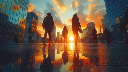 Silhouette of business people walking in the city at sunset.
