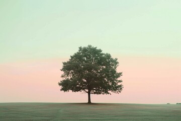 A lone tree stands in a tranquil field, bathed in the soft light of a colorful sunrise, evoking peace and solitude