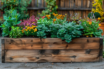 Fototapeta na wymiar Raised bed homegrown vegetable garden in wooden planter boxes with companion plants to ward off pests and diseases.