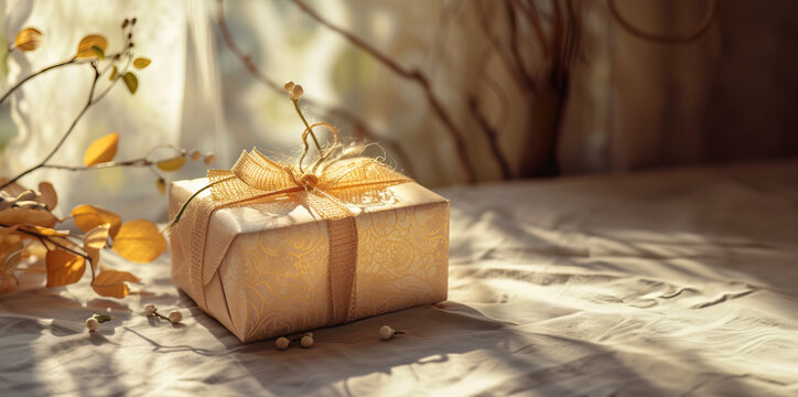 professional studio magazine photo of wrapped package box gift present for delivery anniversary birthday mothers day valentines with ribbon and wrapping in pastel colours natural light with copy space