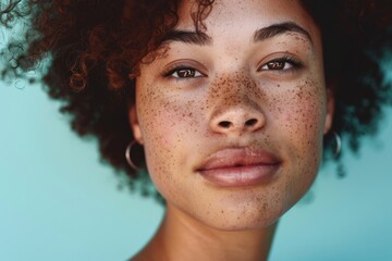An intimate close-up of a woman with freckles and a serene expression against a blue background