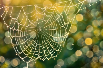 A mesmerizing view of a spider web glistening with dew against a bokeh green background, highlighting the intricacy of nature