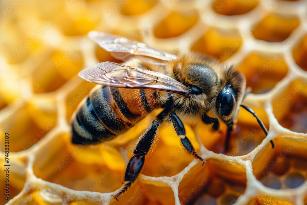 Poster Detailed macro shot exposing the intricate textures and workmanship of a honeybee on a golden honeycomb