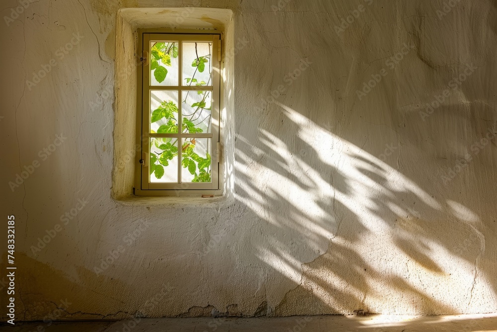Poster warm sunlight filters through a leafy window, casting dancing shadows on a weathered wall, invoking 