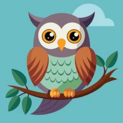Fotobehang Happy Owl sitting On a tree Branch vector illustration © CreativeDesigns