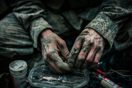 Close up of soldier's hands showing the grit and wear from military exercises or deployment, depicting resilience and fatigue